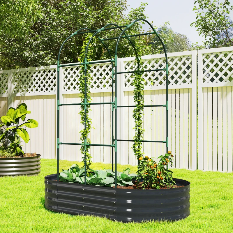 Outsunny Galvanised Raised Garden Bed with Arched Trellis, 5 x 3 x 6ft Metal Outdoor Planter Box with Open Bottom, Dark Gray