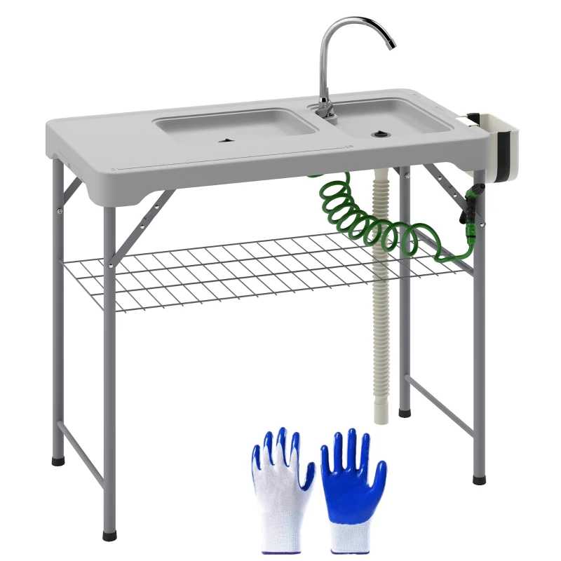 Outsunny Folding Fish Cleaning Table with Sinks, Camping Sink with Faucet Drainage Hose Sprayer Shelf, Grey