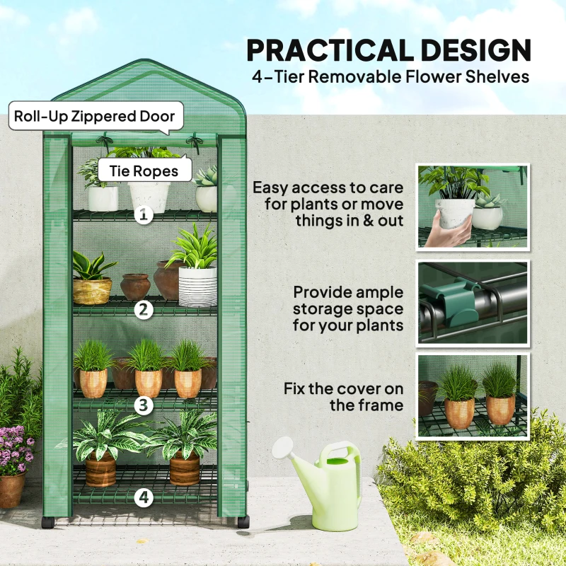 Outsunny Portable Greenhouse, Outdoor Hot House Plant Flower Greenhouse with 4 Tier Shelves, PE Cover, Green