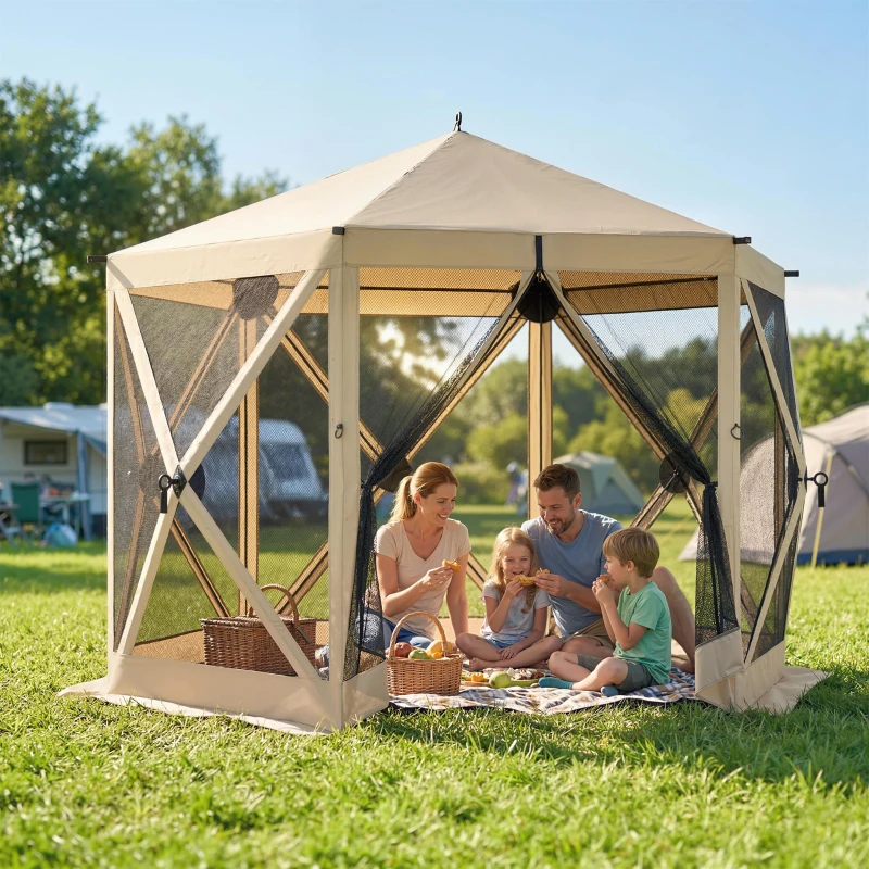 Outsunny 10 x 11 ft Pop Up Gazebo Screen Tent, Portable Instant Camping Canopy Screen House with Nettings, Carry Bag, Beige