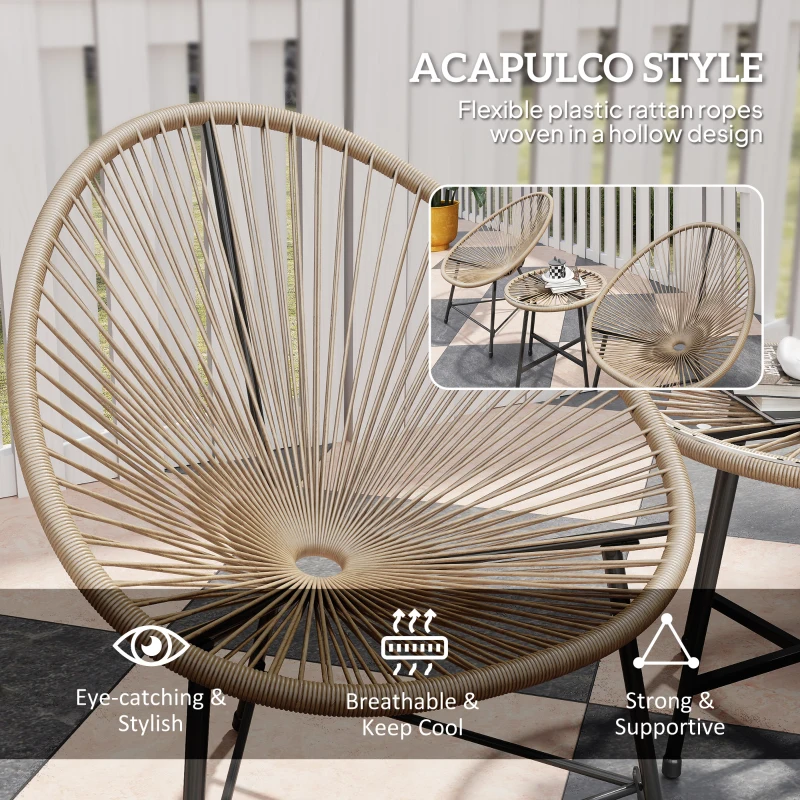 Outsunny Outdoor Bistro Set, 3 Piece Wicker Patio Furniture Set with Acapulco Chairs and Glass-Top Table, Natural Wood