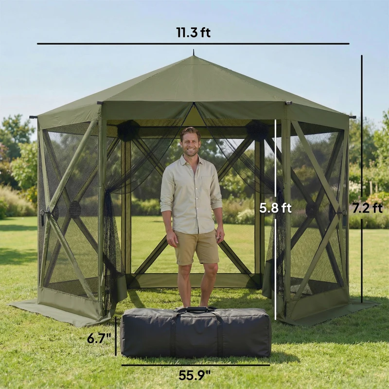 Outsunny 10 x 11 ft Pop Up Gazebo Screen Tent, Portable Instant Camping Canopy Screen House with Nettings, Carry Bag, Dark Green