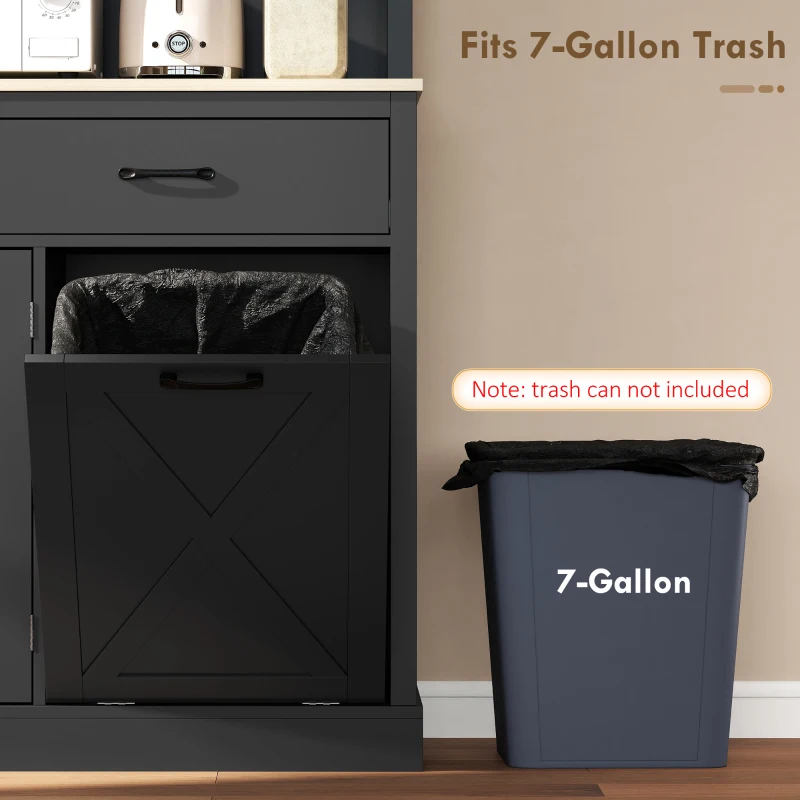 HOMCOM 69" Kitchen Pantry Cabinet with Charging Station Kitchen Cabinet with Microwave Stand 7 Gallon Trash Can Cabinet Black