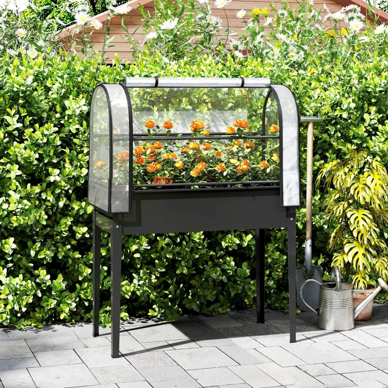 Outsunny Raised Garden Bed with Flip-Up Greenhouse Cover, Metal Elevated Garden Bed with Legs and Drainage Hole, Black