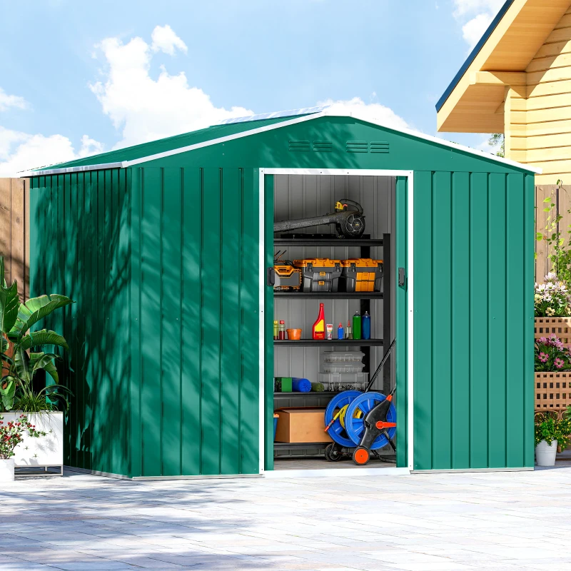 Outsunny 8' x 6' Outdoor Storage Shed, Metal Garden Tool Storage House with Lockable Sliding Doors and Vents, Green
