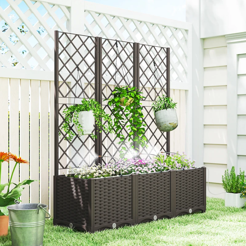 Outsunny 3PCS Plastic Planter Box with Trellis, Self-Watering Raised Garden Bed with Trellis and Automatic Watering Timer Kit