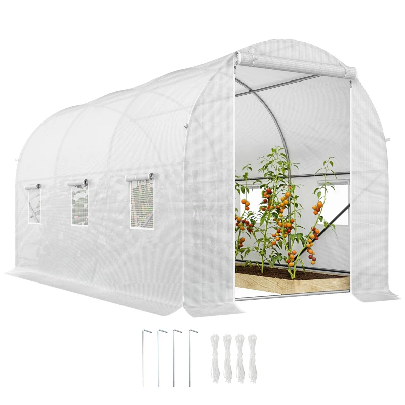 Outsunny 11.5x6.6x6.6ft Walk-in Tunnel Greenhouse Portable Garden Plant Growing Warm House with Door and Ventilation Window, White