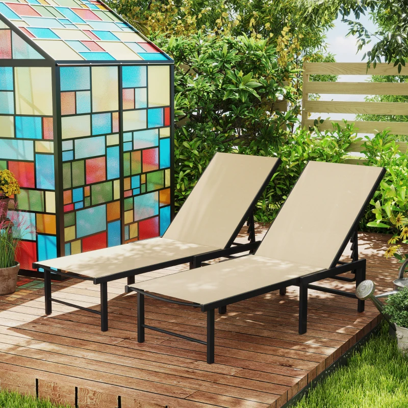 Outsunny Outdoor Lounge Chair Set of 2, 5-Position Reclining Outdoor Chaise Lounge Tanning Chair with Mesh Seat, Khaki