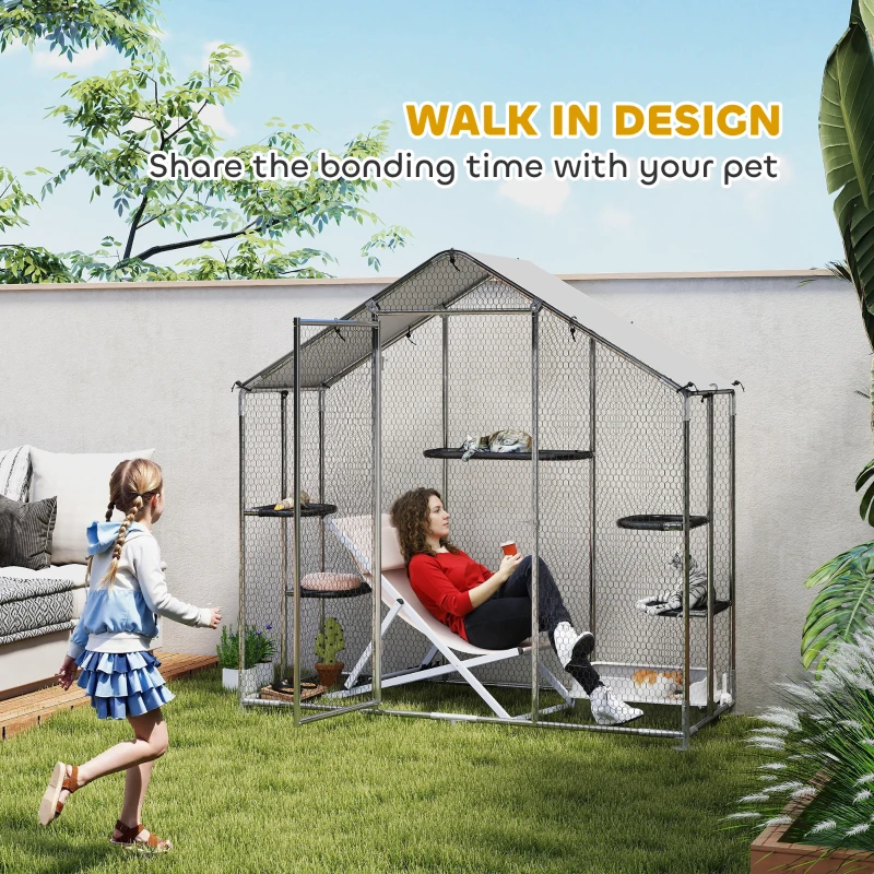 PawHut Large Catio Outdoor Cat Enclosure with Waterproof Cover, Walk-in Cat Patio w/ 5 Adjustable Platforms & Hammock