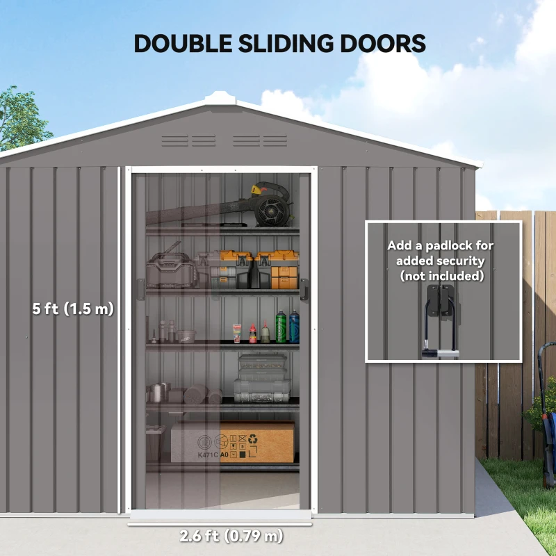 Outsunny 8' x 6' Outdoor Storage Shed, Metal Garden Tool Storage House with Lockable Sliding Doors and Vents, Light Grey