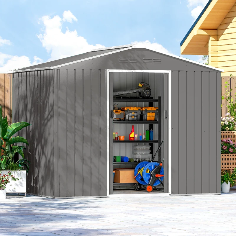 Outsunny 8' x 6' Outdoor Storage Shed, Metal Garden Tool Storage House with Lockable Sliding Doors and Vents, Light Grey