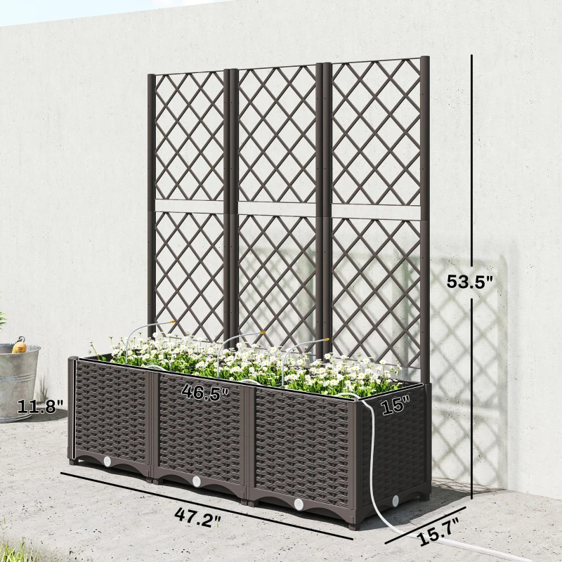 Outsunny 3PCS Plastic Planter Box with Trellis, Self-Watering Raised Garden Bed with Trellis and Automatic Watering Timer Kit