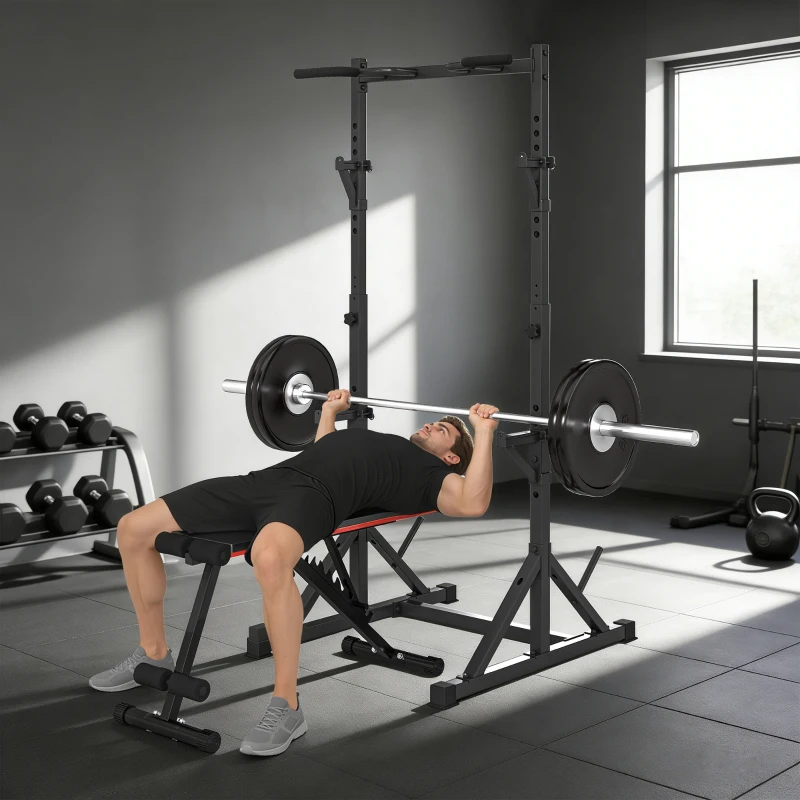 Soozier Adjustable Squat Rack, Multi-Function Bench Press Rack with Weight Plate Holders and Pull up Bar, Black