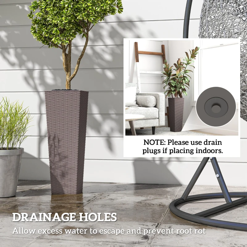 Outsunny 23.6 Inch Tall Planters for Outdoor Plants, Set of 2 Plastic Flower Pots with Drainage Holes, Brown