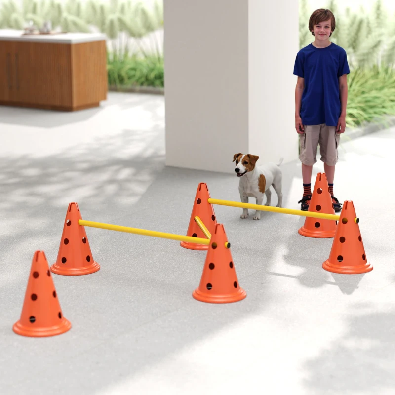 PawHut Dog Agility Hurdle Cone Set, Adjustable Obstacle Course Equipment with 6 Cones & 6 Poles, Carry Bag, Orange
