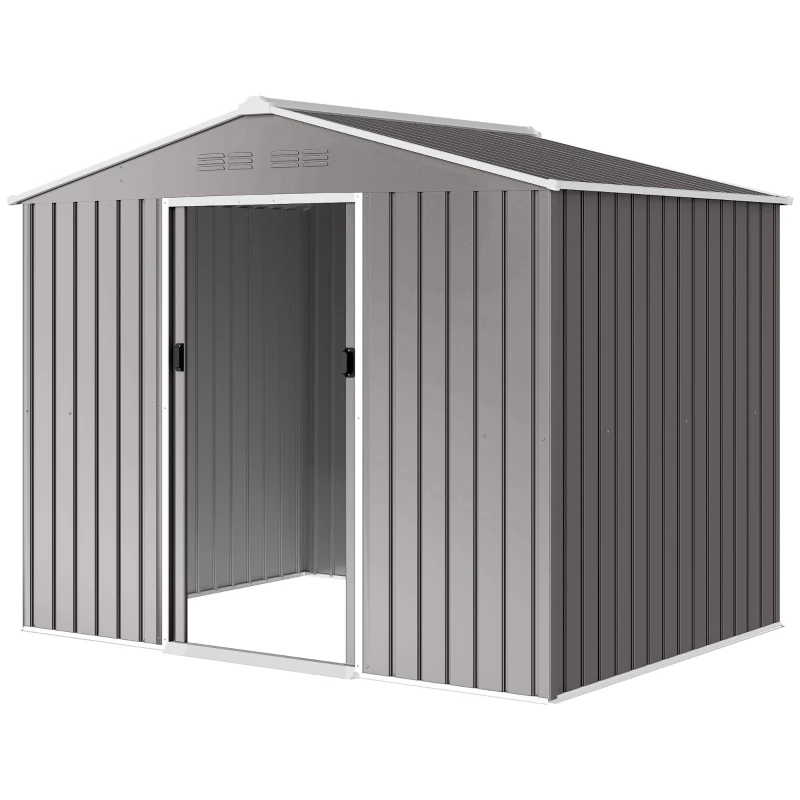 Outsunny 8' x 6' Outdoor Storage Shed, Metal Garden Tool Storage House with Lockable Sliding Doors and Vents, Light Grey