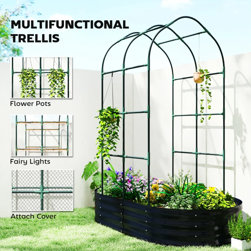 Outsunny Galvanised Raised Garden Bed with Arched Trellis, 5 x 3 x 6ft Metal Outdoor Planter Box with Open Bottom, Dark Gray