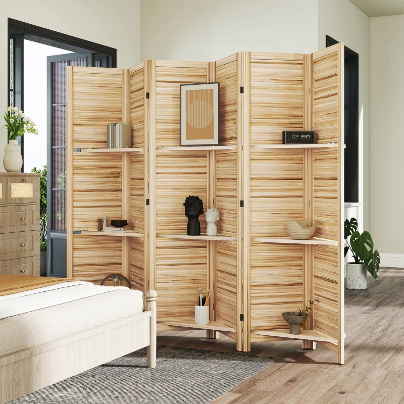 HOMCOM 6 Panel 67" Tall Wood Privacy Screen Room Divider with 3 Shelves and Folding Storage for Bedroom, Natural Wood