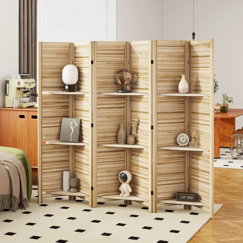 HOMCOM 6 Panel 67" Tall Wood Privacy Screen Room Divider with 3 Shelves and Folding Storage for Bedroom, Natural Wood