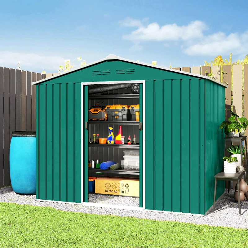 Outsunny 8' x 6' Outdoor Storage Shed, Metal Garden Tool Storage House with Lockable Sliding Doors and Vents, Green