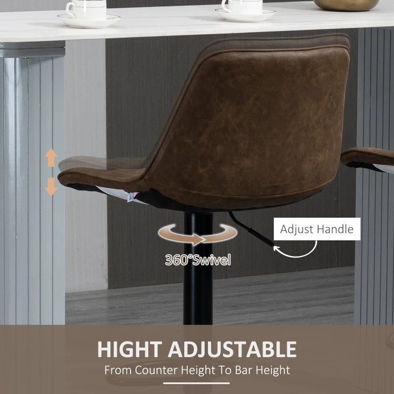 HOMCOM Bar Stools Set of 2, Swivel Counter Height Barstools with Back, Footrest, Adjustable Height, Dark Brown