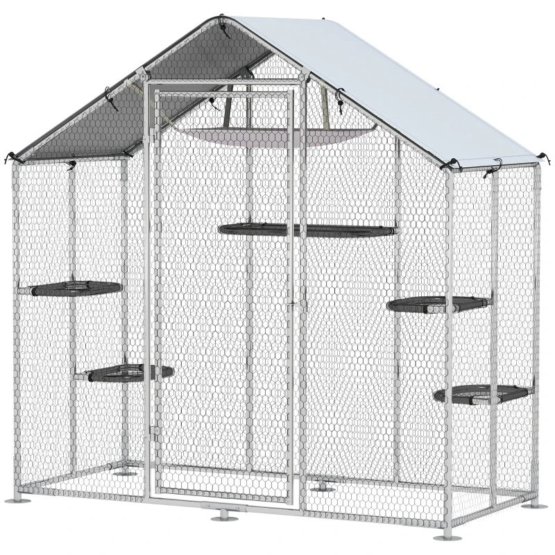 PawHut Large Catio Outdoor Cat Enclosure with Waterproof Cover, Walk-in Cat Patio w/ 5 Adjustable Platforms & Hammock