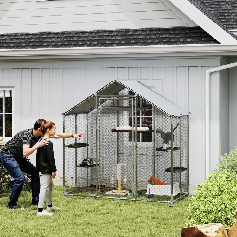 PawHut Large Catio Outdoor Cat Enclosure with Waterproof Cover, Walk-in Cat Patio w/ 5 Adjustable Platforms & Hammock