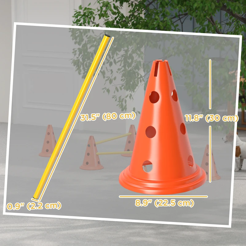 PawHut Dog Agility Hurdle Cone Set, Adjustable Obstacle Course Equipment with 6 Cones & 6 Poles, Carry Bag, Orange