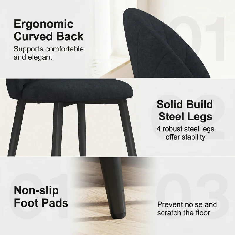 HOMCOM Modern Dining Chairs Set of 4, Upholstered Dining Room Chairs with Metal Legs, Shell Backrest, Padded Seat, Black