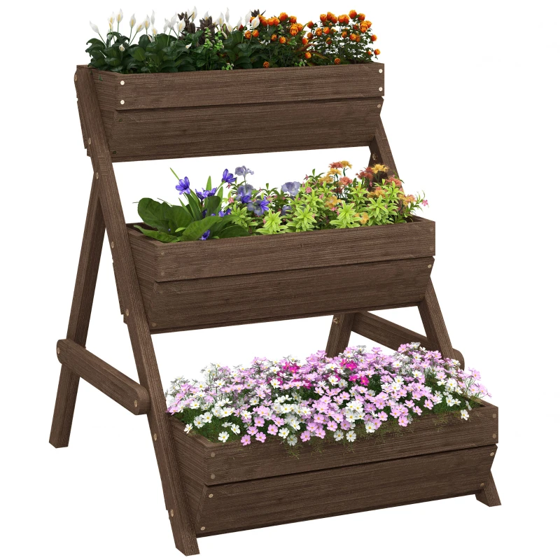 Outsunny 3 Tier Elevated Planter Box, Vertical Wooden Raised Garden Bed for Flowers, Vegetables, 26" x 30" x 30", Carbonized