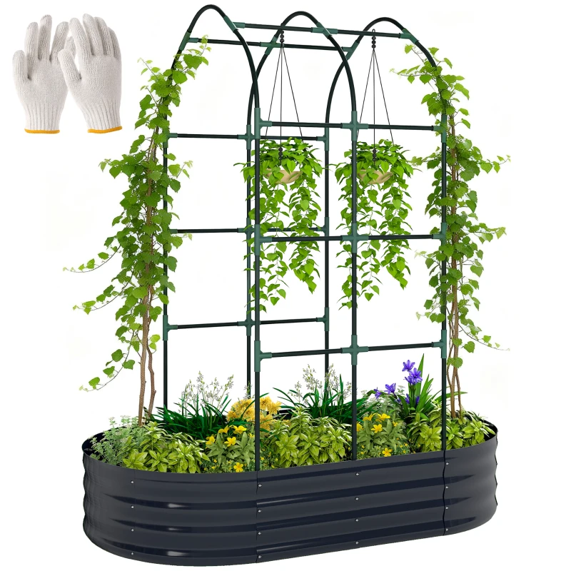Outsunny Galvanised Raised Garden Bed with Arched Trellis, 5 x 3 x 6ft Metal Outdoor Planter Box with Open Bottom, Dark Gray