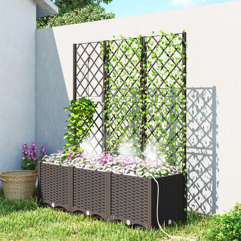 Outsunny 3PCS Plastic Planter Box with Trellis, Self-Watering Raised Garden Bed with Trellis and Automatic Watering Timer Kit