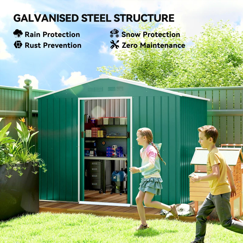 Outsunny 8' x 6' Outdoor Storage Shed, Metal Garden Tool Storage House with Lockable Sliding Doors and Vents, Green