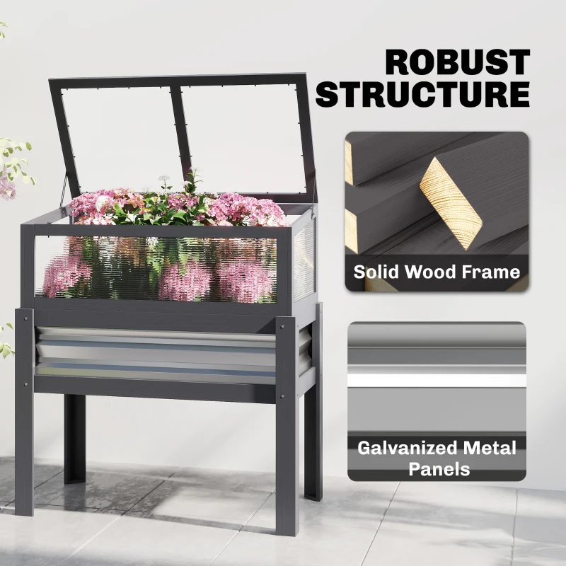 Outsunny Raised Garden Bed with Flip-Up Greenhouse Top, Wooden Elevated Planter Box with Legs and Liner, Grey