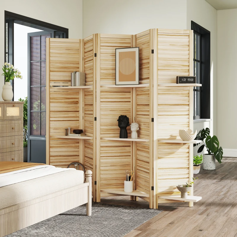 HOMCOM 5 Panel 67" Tall Wood Privacy Screen Room Divider with 3 Shelves and Folding Storage for Bedroom, Natural Wood