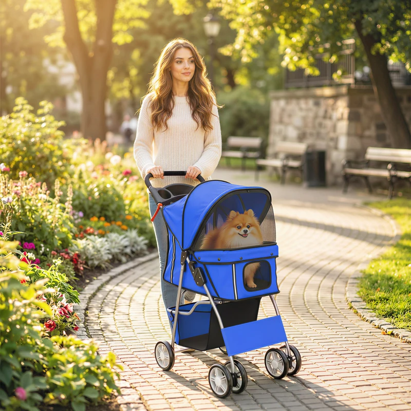 PawHut Pet Stroller with Reflective Strips, Foldable Cat Stroller with 360° Swivel Wheels for Small Dogs and Cats, Blue