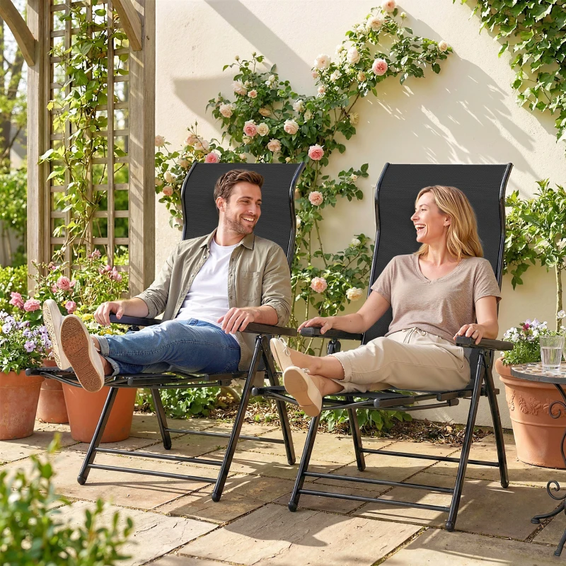Outsunny Folding Patio Chairs Set of 2, 5-Position Outdoor Lounge Chairs with High Back, Retractable Footrest, Black
