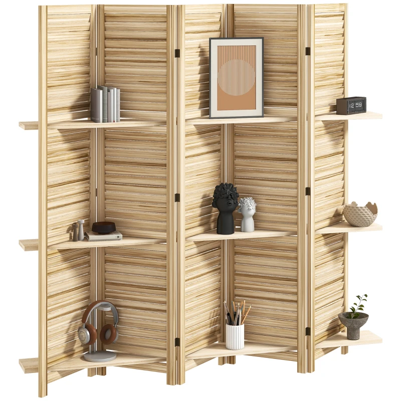 HOMCOM 5 Panel 67" Tall Wood Privacy Screen Room Divider with 3 Shelves and Folding Storage for Bedroom, Natural Wood