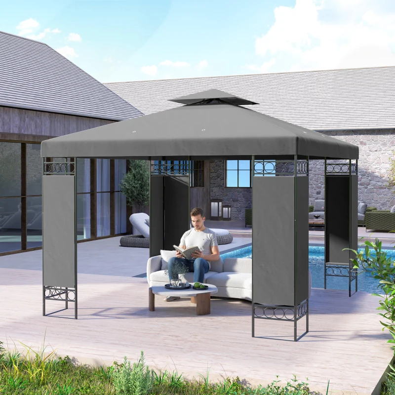 Outsunny 10 x 10 FT Canopy Gazebo, Double Roof Patio Gazebo with Screen Panels and Metal Frame for Deck, Backyard, Dark Grey