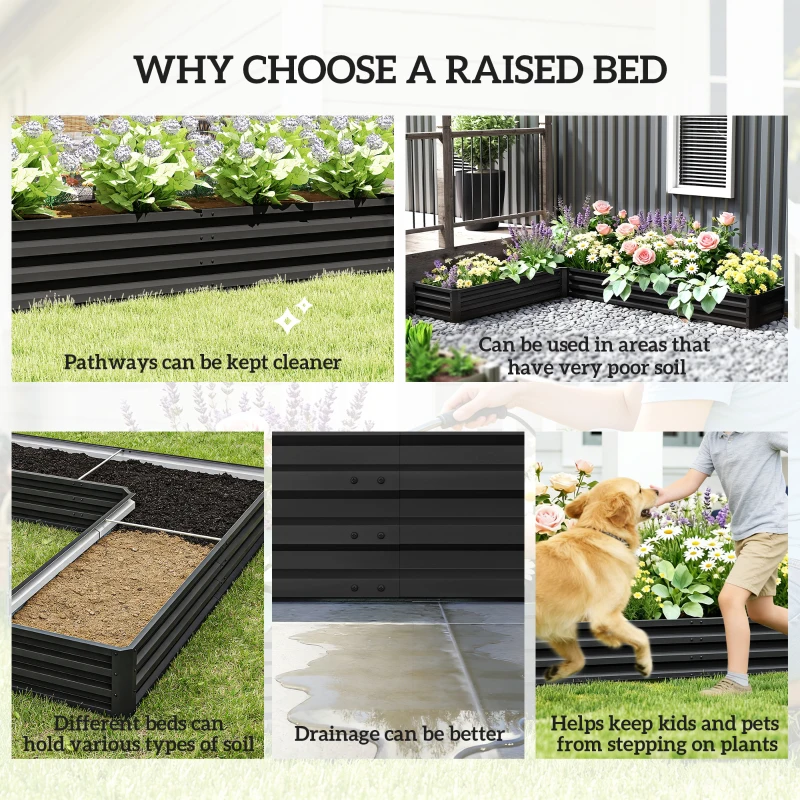 Outsunny L-Shaped Raised Garden Bed, 82" x 109" x 12" Galvanized Steel Planter Box with Multi-reinforced Rods for Vegetables, Flowers and Herbs, Black
