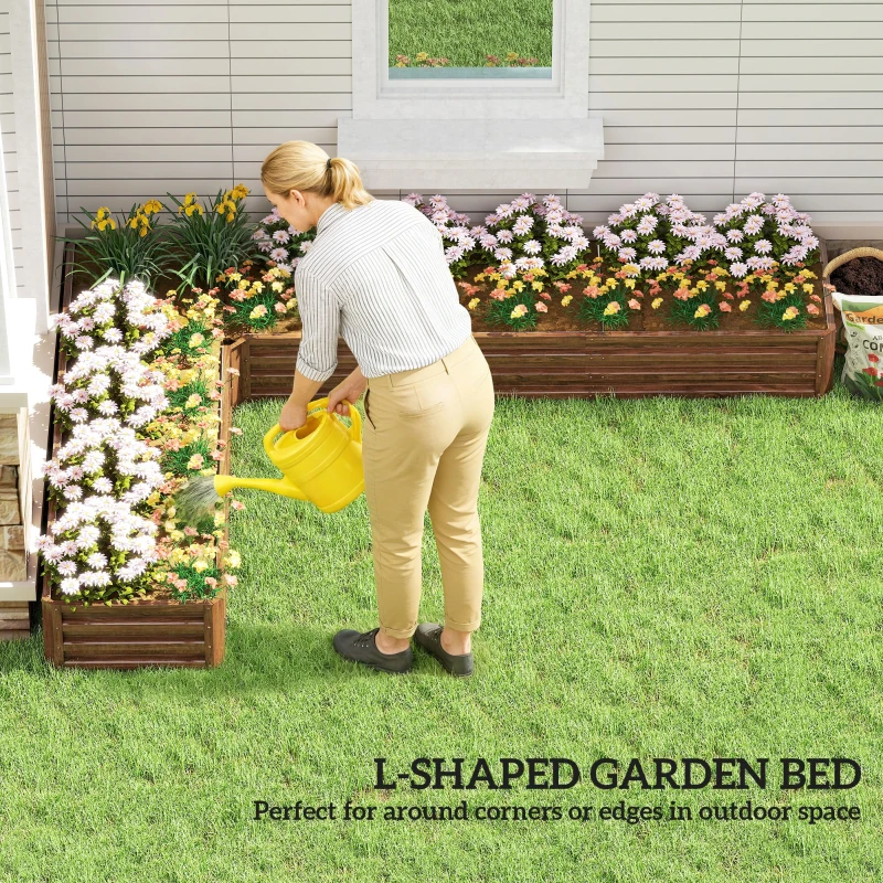Outsunny L-Shaped Raised Garden Bed, 82" x 109" x 12" Galvanized Steel Planter Box with Multi-reinforced Rods for Vegetables, Flowers and Herbs, Dark Brown Wood Effect