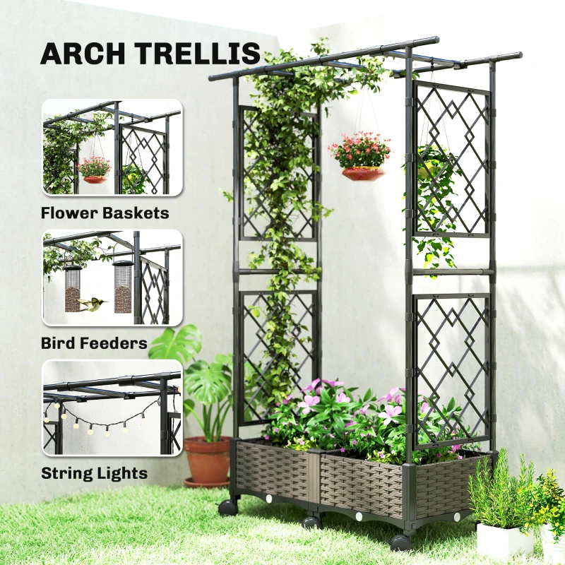 Outsunny Raised Garden Bed with Arch Trellis, Raised Bed for Garden on Wheels with Side Trellis for Climbing Plants, Flowers