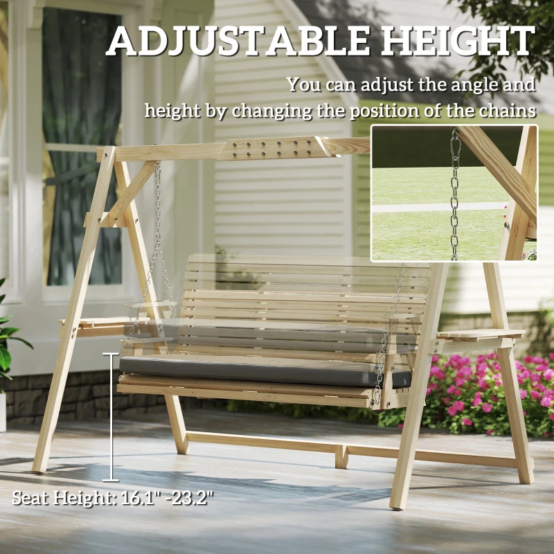 Outsunny 3 Seat Wooden Porch Swing with Stand, Patio Swing with Cushion, for Garden, Poolside, Backyard, Natural Wood