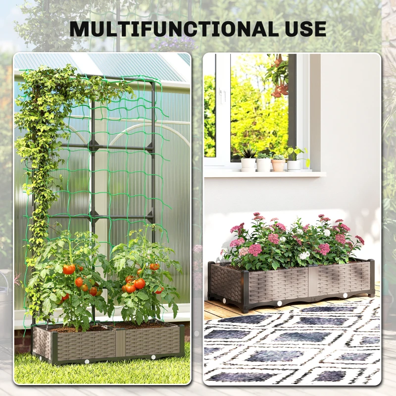 Outsunny 2PCS Plastic Planter Box with Trellis, Self-Watering Raised Garden Bed with Trellis and Netting