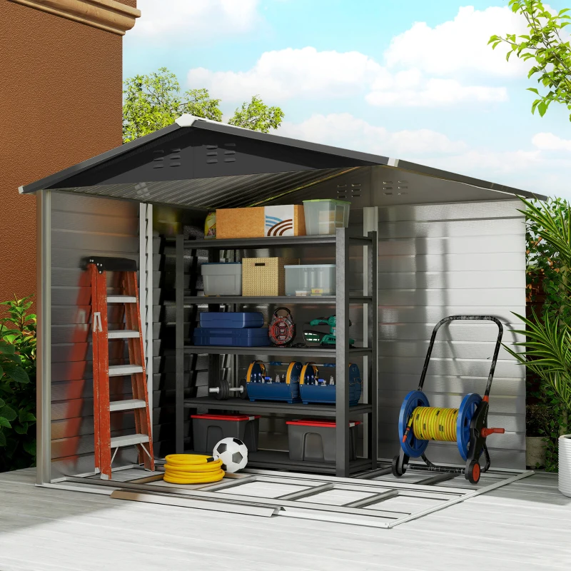 Outsunny 8' x 7' Outdoor Storage Shed, Galvanized Steel Metal Garden Shed with Lockable Doors, Floor Frame, Vents, Lock and Gloves for Backyard, Lawn, Patio, Teak