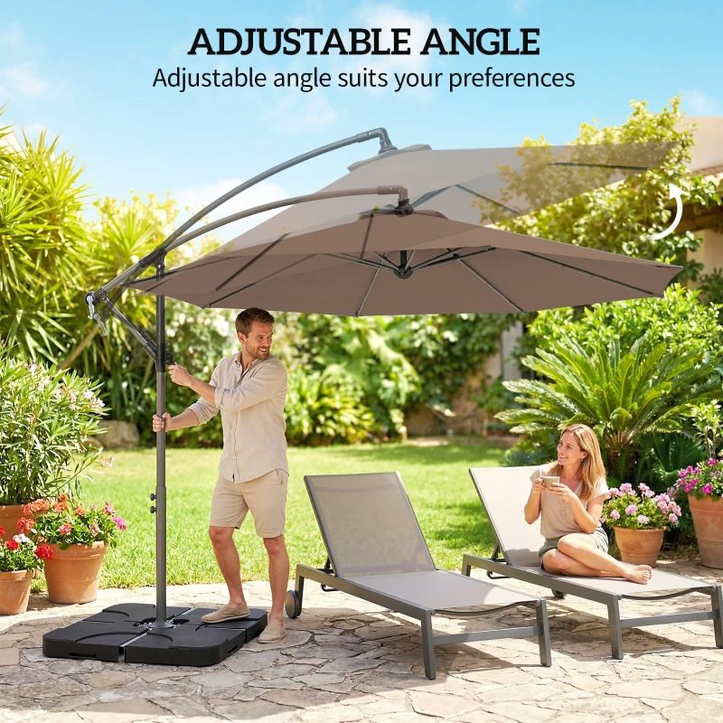 Outsunny 9.6ft Offset Patio Umbrella Garden Hanging Parasol Banana Cantilever Umbrella with Base, Crank, Coffee