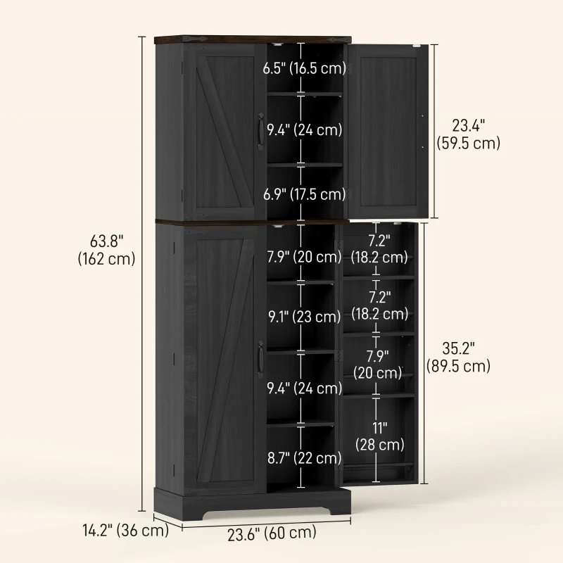 HOMCOM 64" Tall Kitchen Pantry Cabinet with Spice Racks and Adjustable Shelves, Black Wood Grain