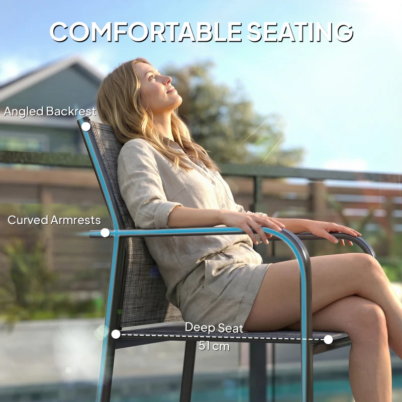 Outsunny Stackable Patio Chairs Set of 4, Outdoor Dining Chairs with 20" Deep Seat, All Weather Breathable Mesh, Armrests, Grey