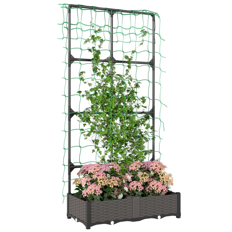 Outsunny 2PCS Plastic Planter Box with Trellis, Self-Watering Raised Garden Bed with Trellis and Netting