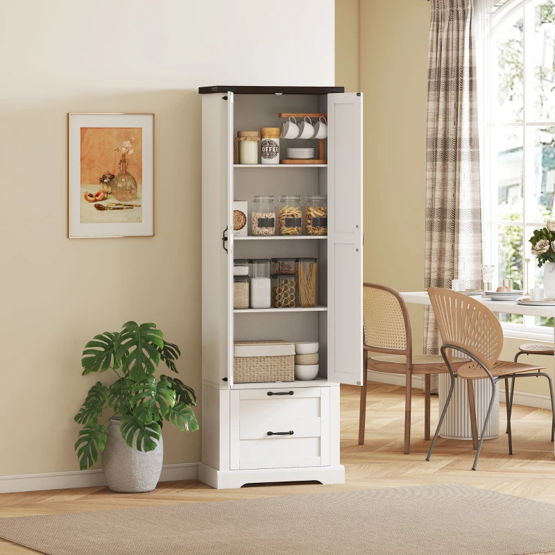 HOMCOM 71" Tall Kitchen Pantry Cabinet, Farmhouse Kitchen Storage Cabinet with 2 Drawer and Adjustable Shelves, White